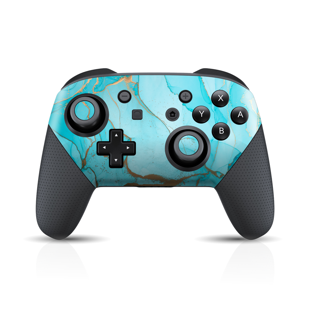 Nintendo Switch Pro Controller Print Printed Custom SIGNATURE AGATE GEODE Aqua-Gold Skin Wrap Sticker Decal Cover Protector by EasySkinz